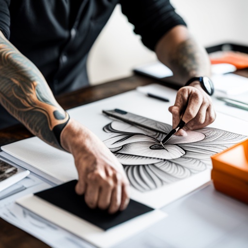A tattooist drawing a custom tattoo design for a client